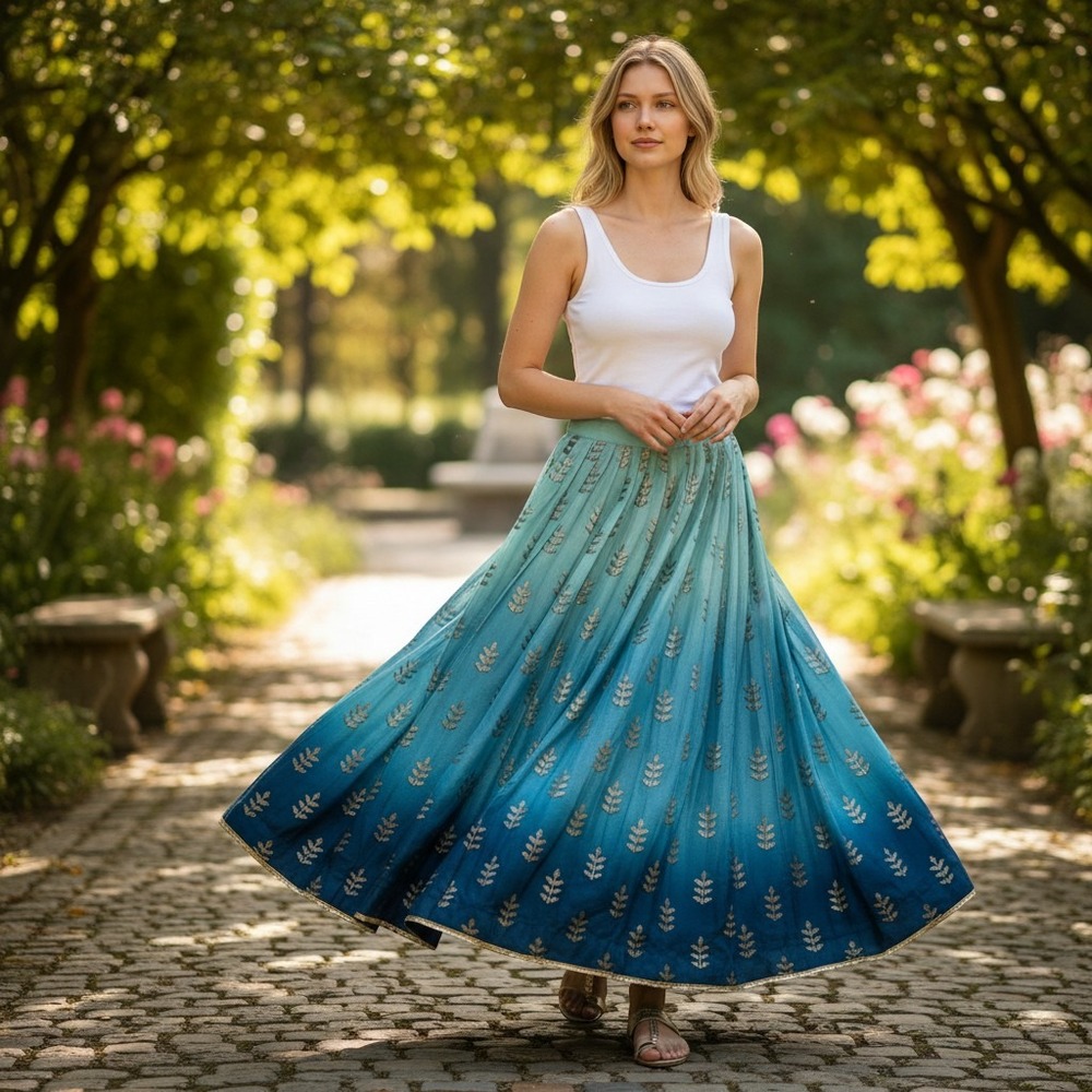 Aqua Teal Ombre Sequin Leaf Lehenga Maxi Skirt Gold Trim Made in India 34 85cm